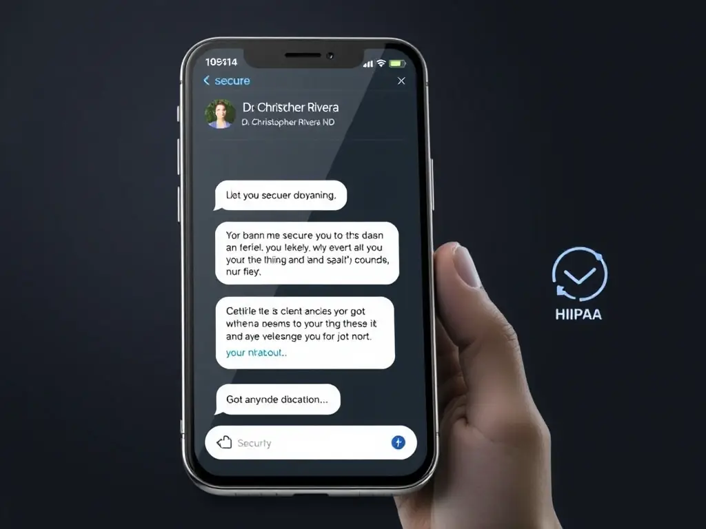 A screenshot of the direct messaging feature within the client portal, showing a conversation between a client and Dr. Christopher Rivera ND. The interface is secure and HIPAA compliant.