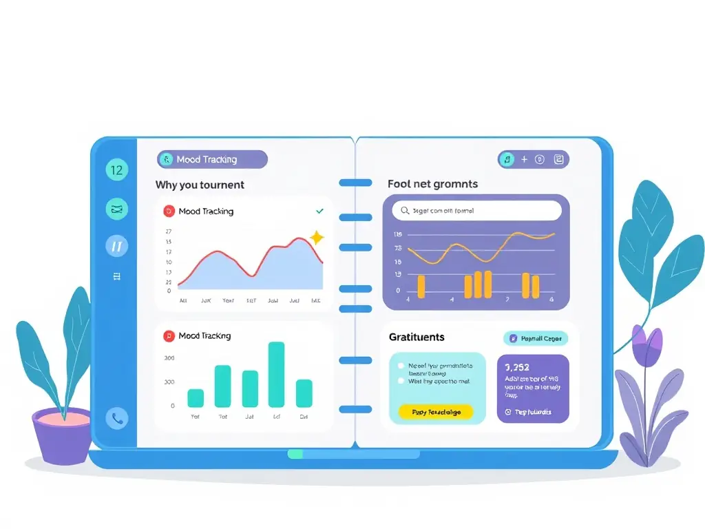 A digital journal interface within the client portal, showing entries tracking symptoms, breakthroughs, and reflections. The design is clean and user-friendly.